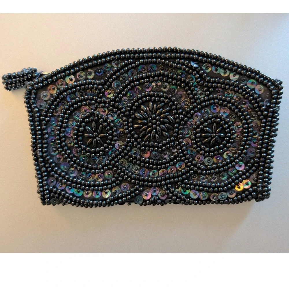 Vintage Handmade Beaded Sequin Clutch Bag Black Iridescent Evening Pouch Japan